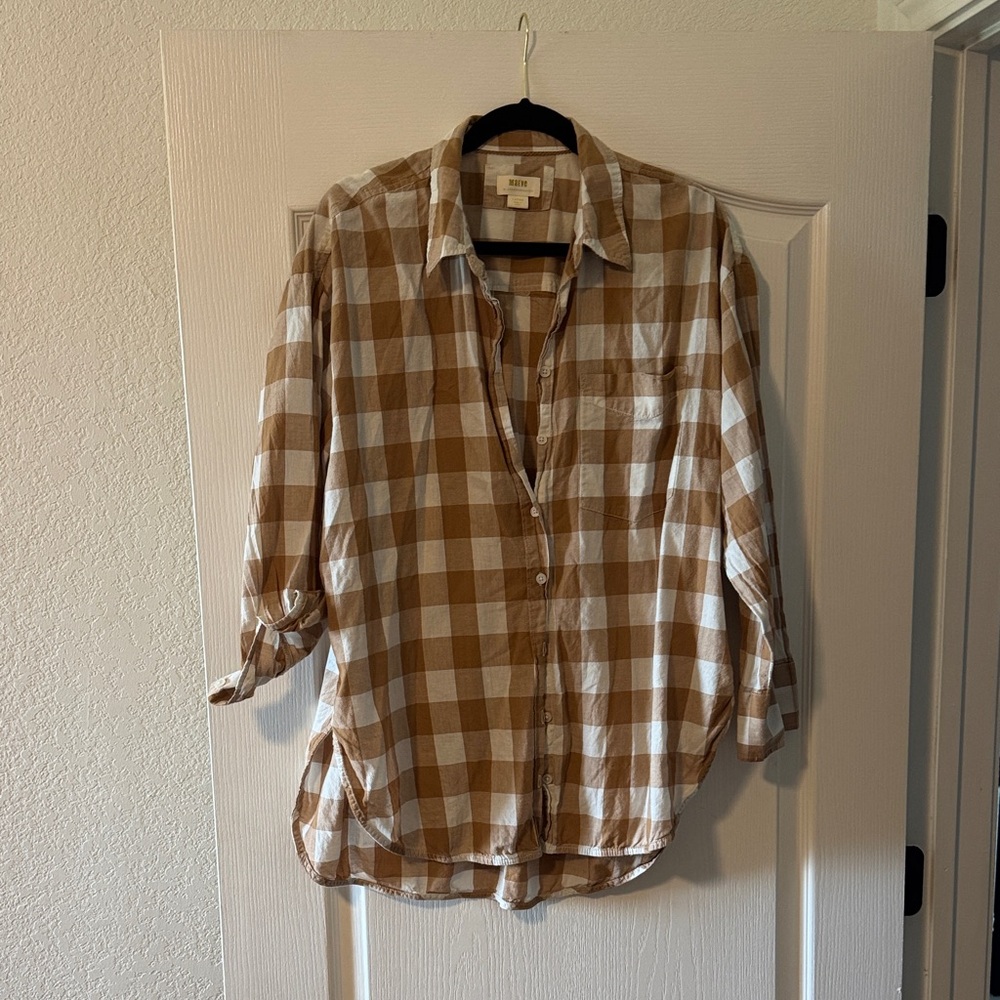 Anthropologie Tan and White Checkered Button-Down Shirt